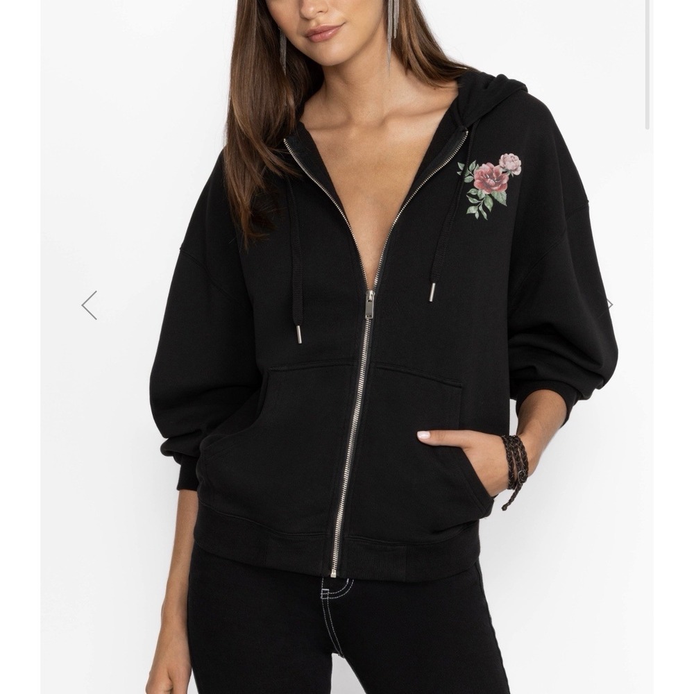 Johnny Was Sassoon  Full Zip Cotton Black‎ Hoodie With Floral Print Xs